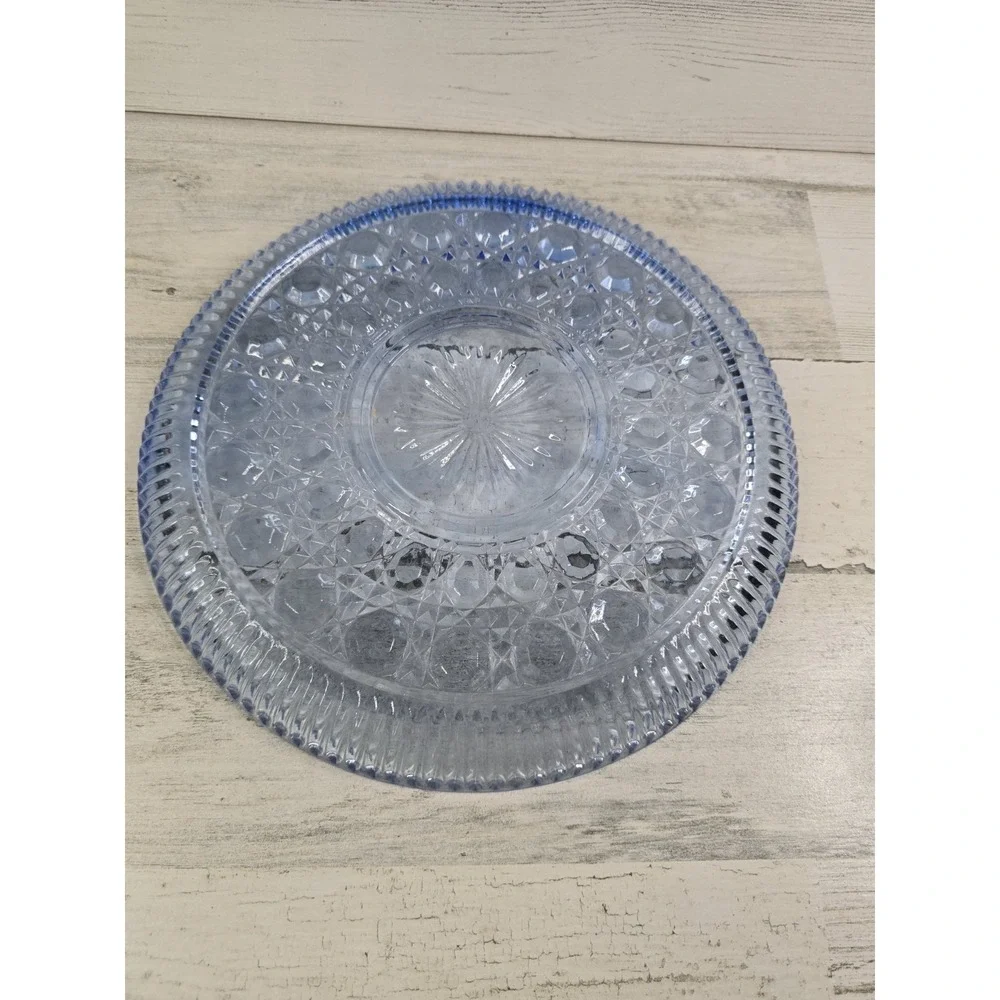 VTG Blue Glass Cake Plate Button & Cane Windsor Low Profile 11